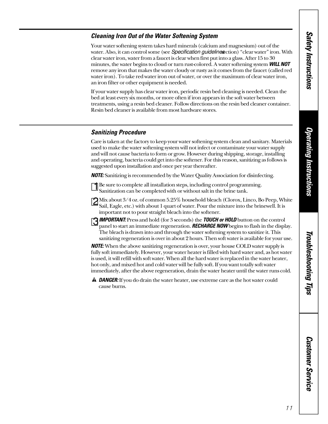 GE PNSF35B, GXSF23Z01 owner manual Cleaning Iron Out of the Water Softening System, Sanitizing Procedure 