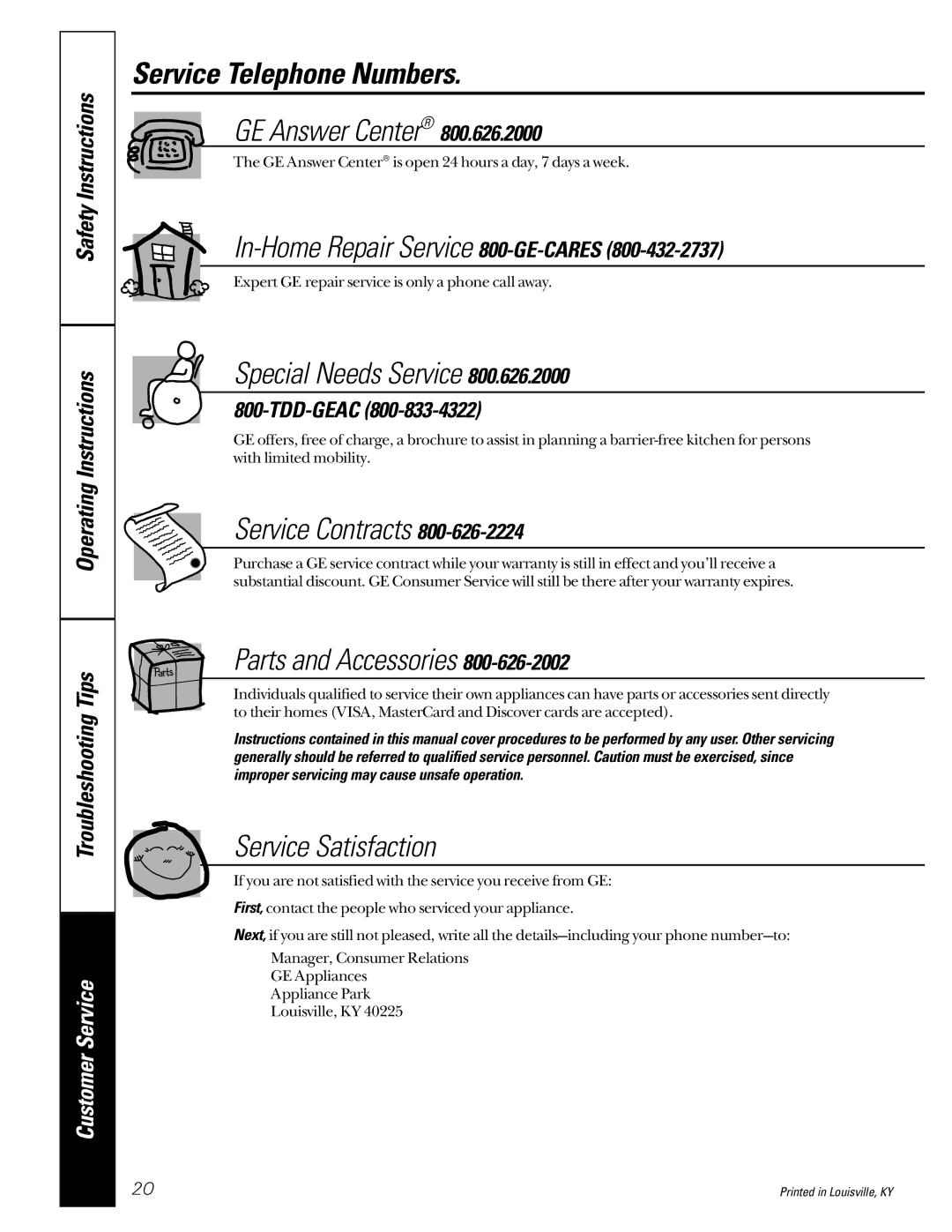 GE GXSF23Z01, PNSF35B owner manual Service Telephone Numbers, GE Answer Center 