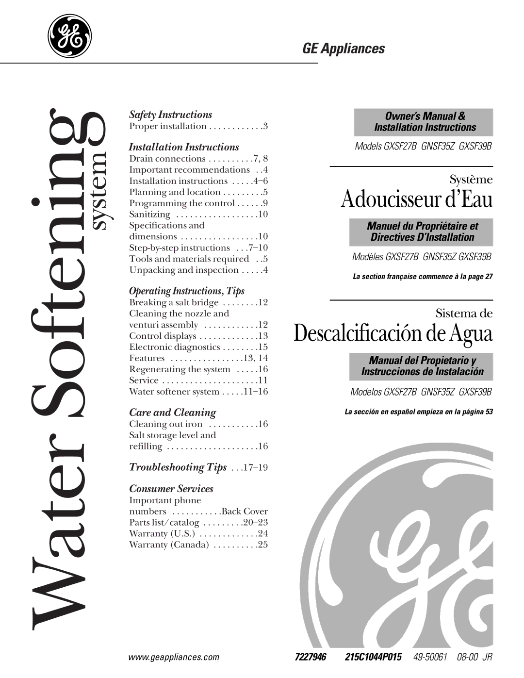 GE GXSF27B GNSF35Z GXSF39B installation instructions Water Softening system, 7227946 215C1044P015 49-5006108-00 JR 