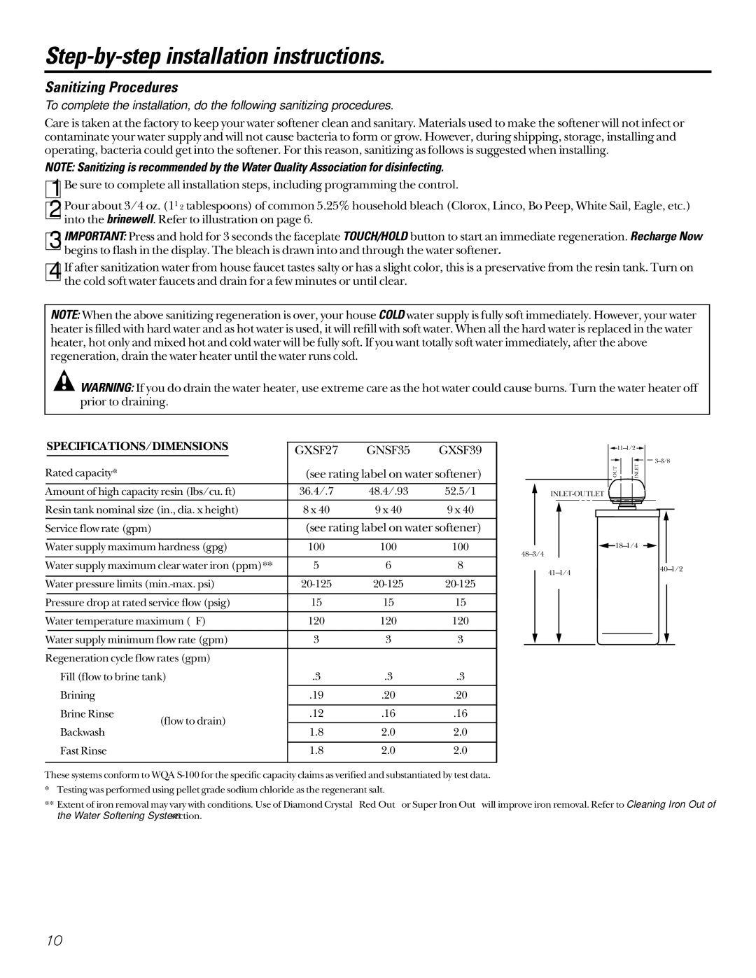 GE GXSF27B GNSF35Z GXSF39B installation instructions Sanitizing Procedures, SPECIFICATIONS/DIMENSIONS GXSF27 GNSF35 GXSF39 