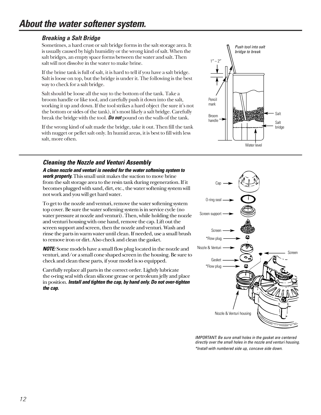 GE GXSF27B GNSF35Z GXSF39B installation instructions Breaking a Salt Bridge, Cleaning the Nozzle and Venturi Assembly, Cap 