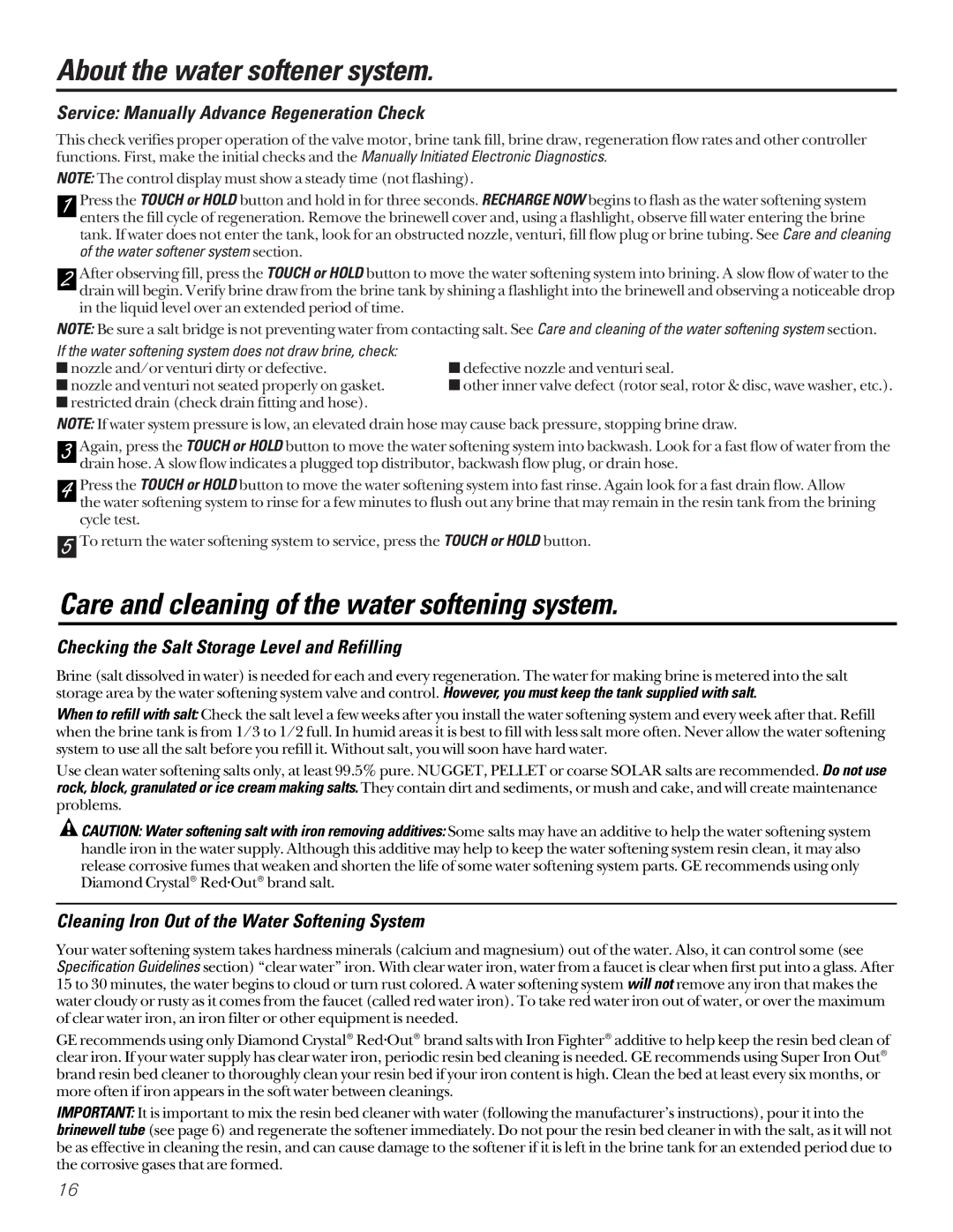 GE GXSF27B GNSF35Z GXSF39B Care and cleaning of the water softening system, Checking the Salt Storage Level and Refilling 