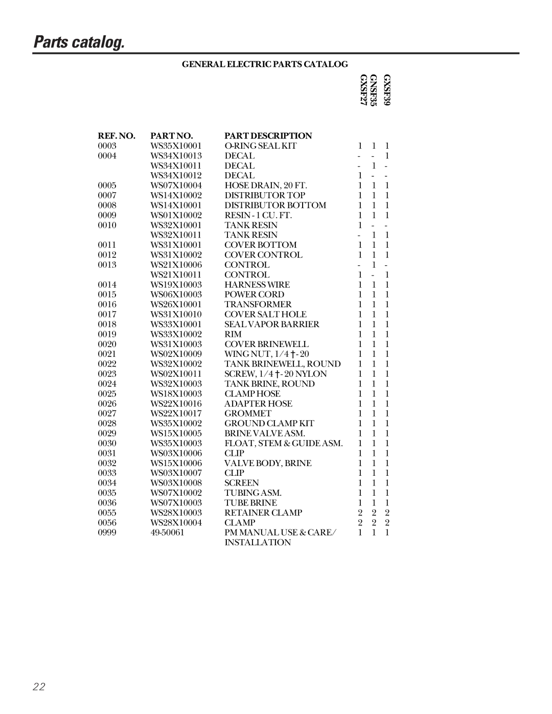 GE GXSF27B GNSF35Z GXSF39B installation instructions Parts catalog 