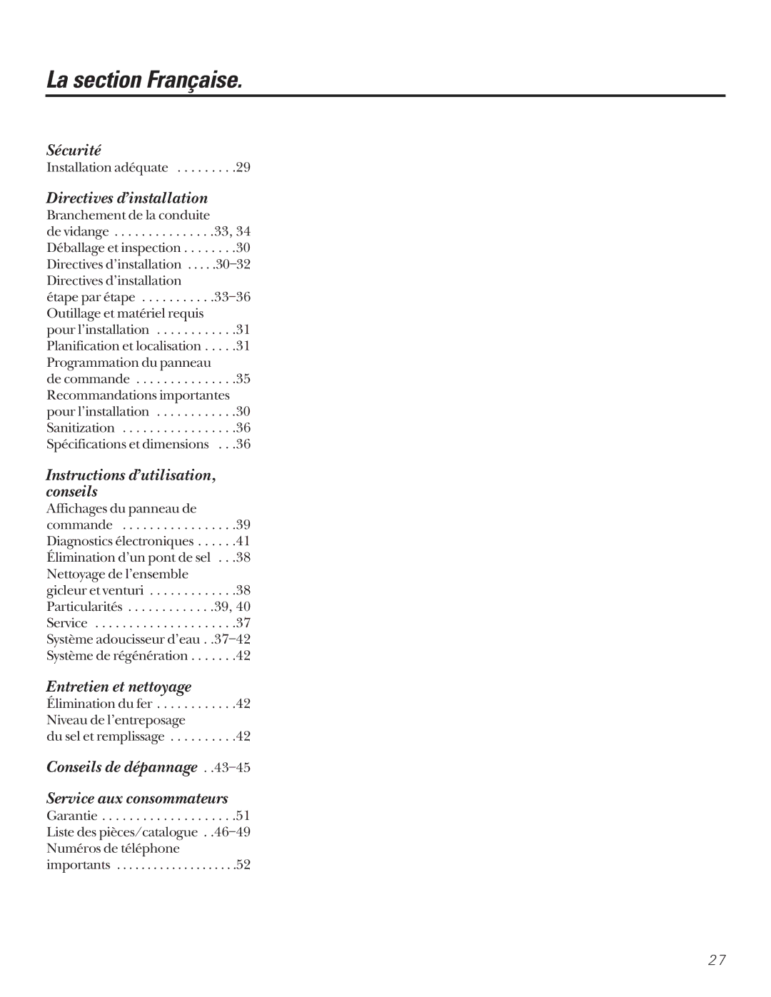 GE GXSF27B GNSF35Z GXSF39B installation instructions La section Française, Directives d’installation 