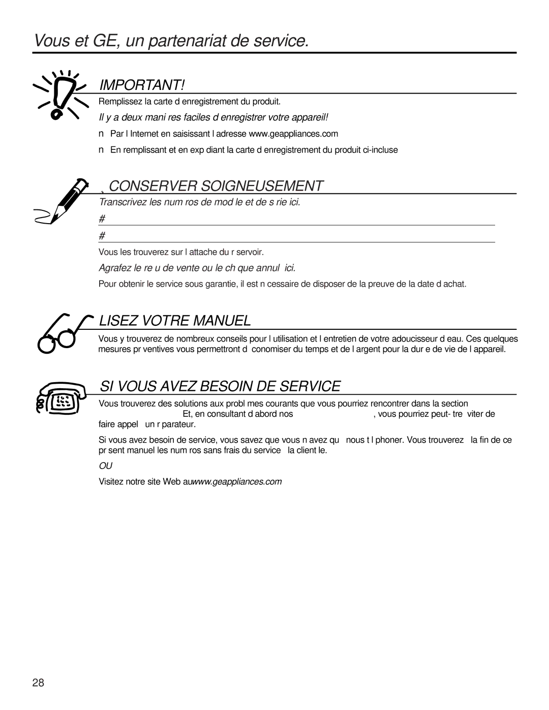 GE GXSF27B GNSF35Z GXSF39B installation instructions Vous et GE, un partenariat de service, Conserver Soigneusement 