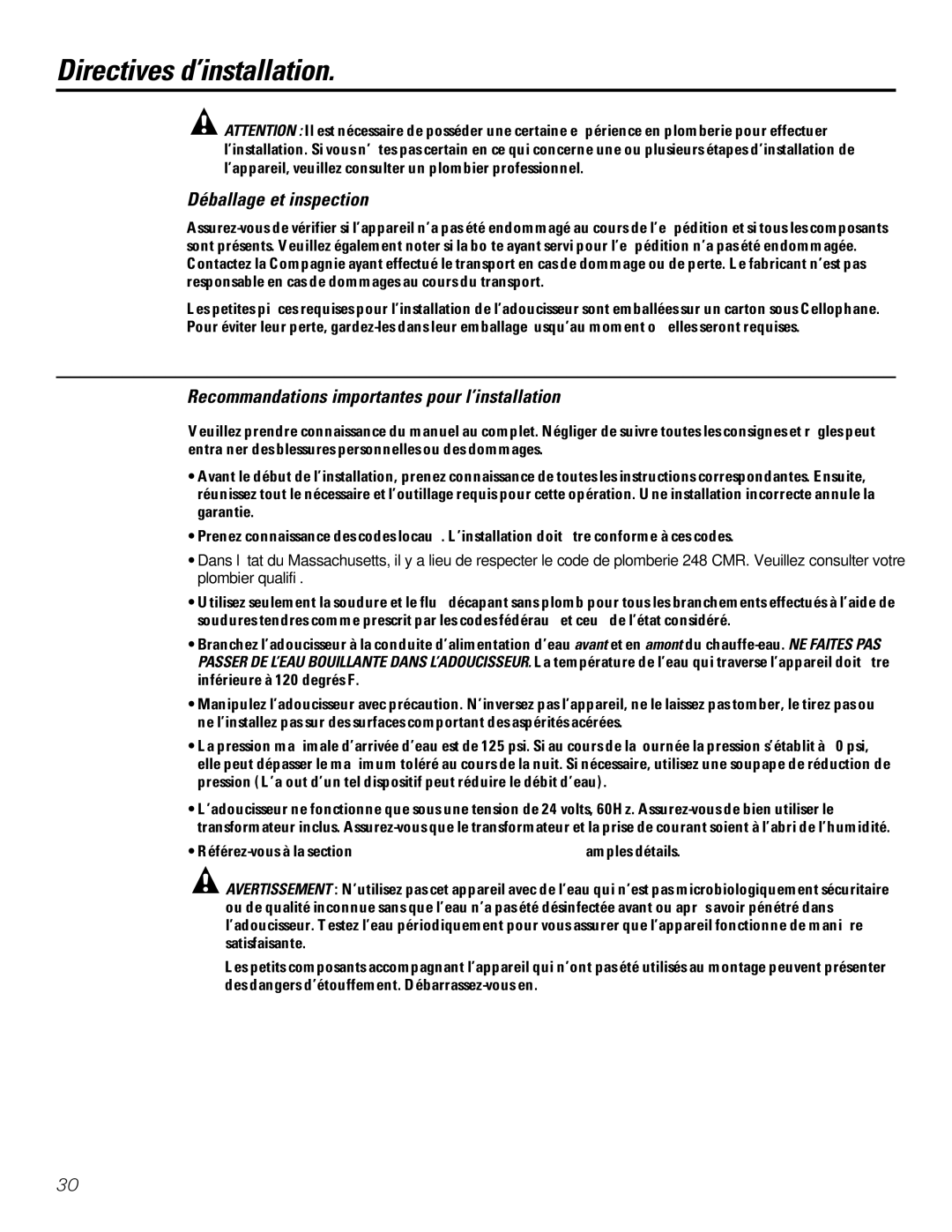 GE GXSF27B GNSF35Z GXSF39B installation instructions Directives d’installation, Déballage et inspection 