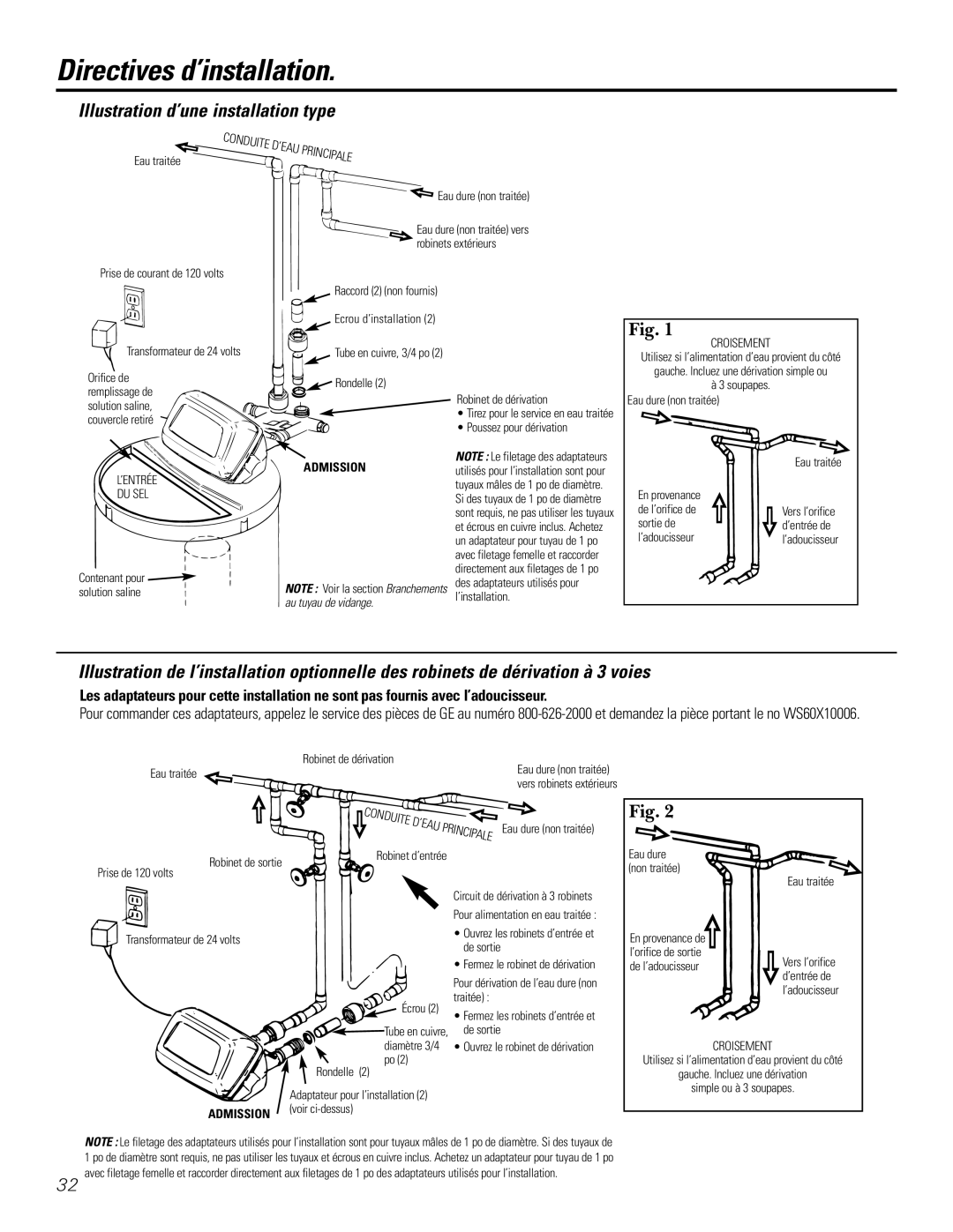 GE GXSF27B GNSF35Z GXSF39B installation instructions Illustration d’une installation type, ’Eau 