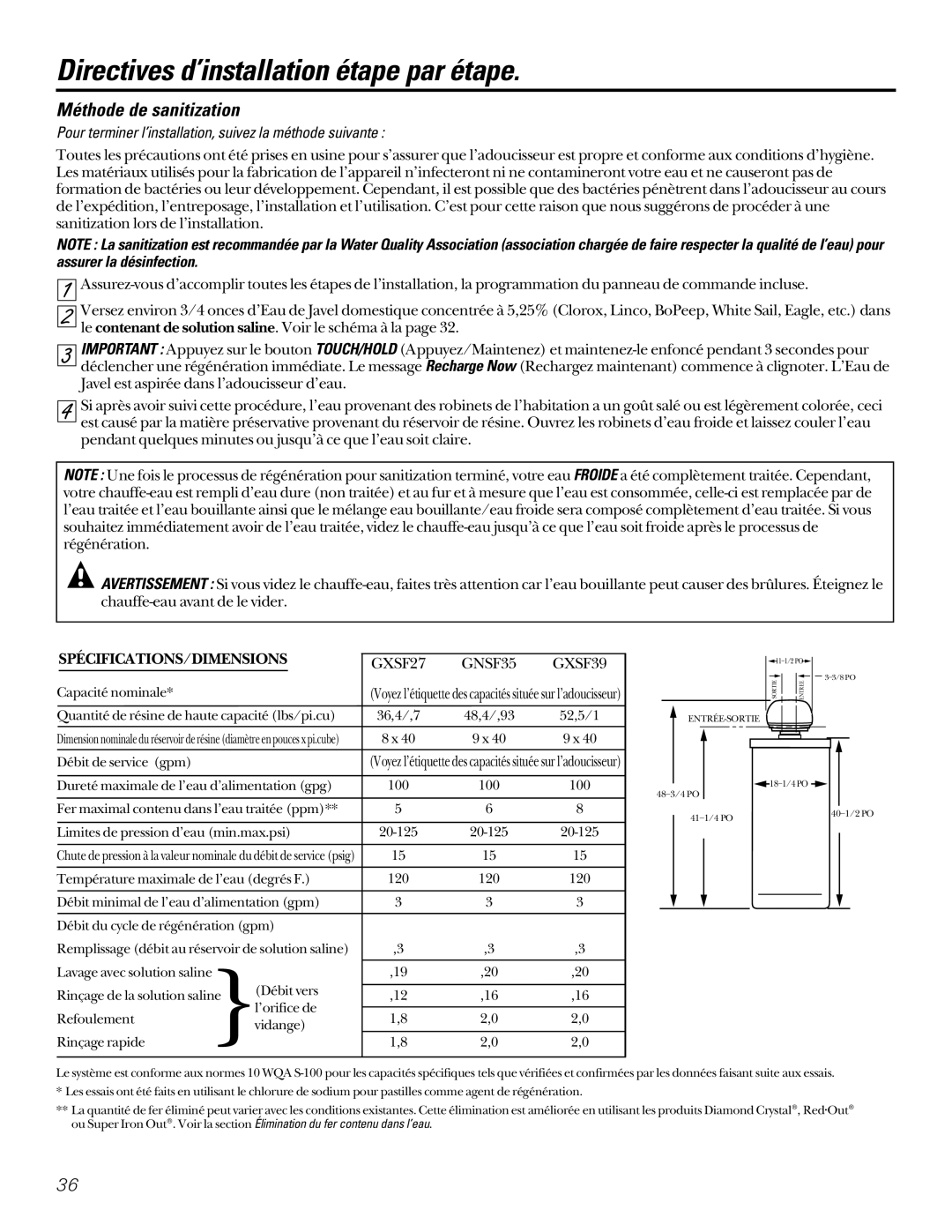 GE GXSF27B GNSF35Z GXSF39B Méthode de sanitization, Pour terminer l’installation, suivez la méthode suivante 