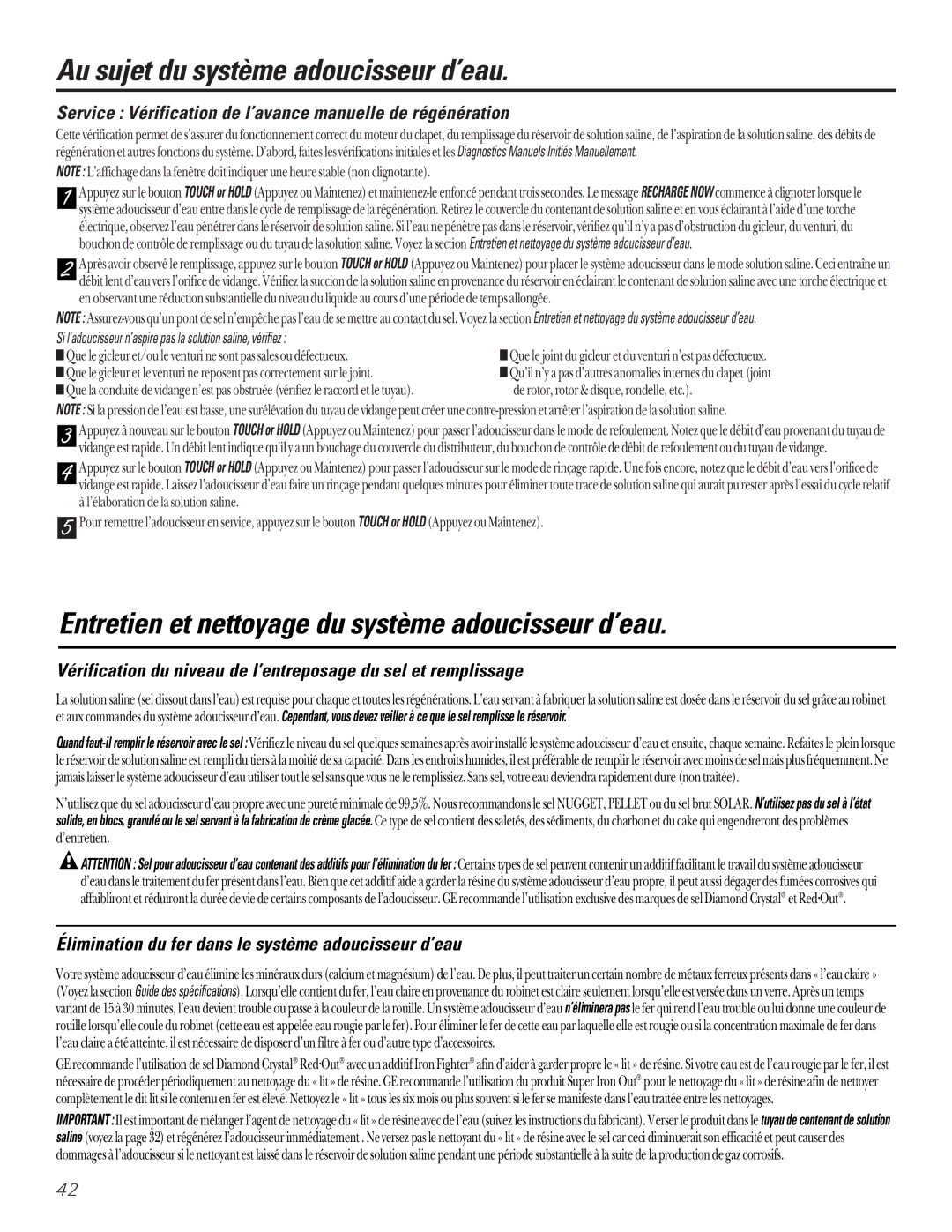 GE GXSF27B GNSF35Z GXSF39B installation instructions Entretien et nettoyage du système adoucisseur d’eau 