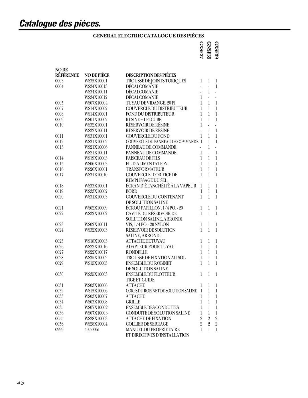 GE GXSF27B GNSF35Z GXSF39B installation instructions Catalogue des pièces 