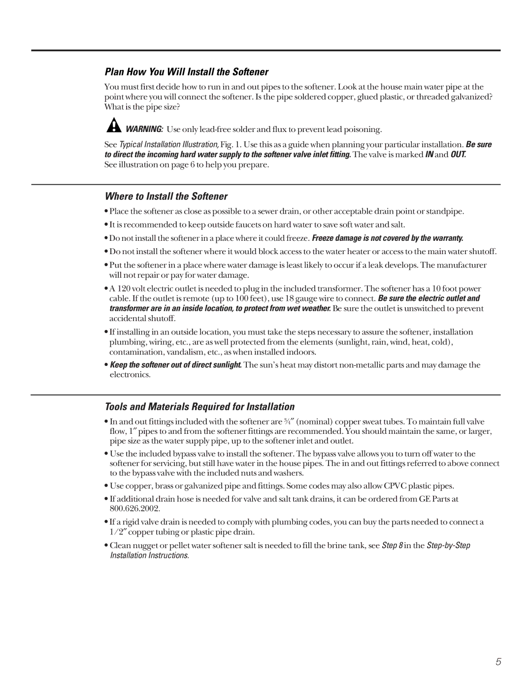 GE GXSF27B GNSF35Z GXSF39B installation instructions Plan How You Will Install the Softener, Where to Install the Softener 