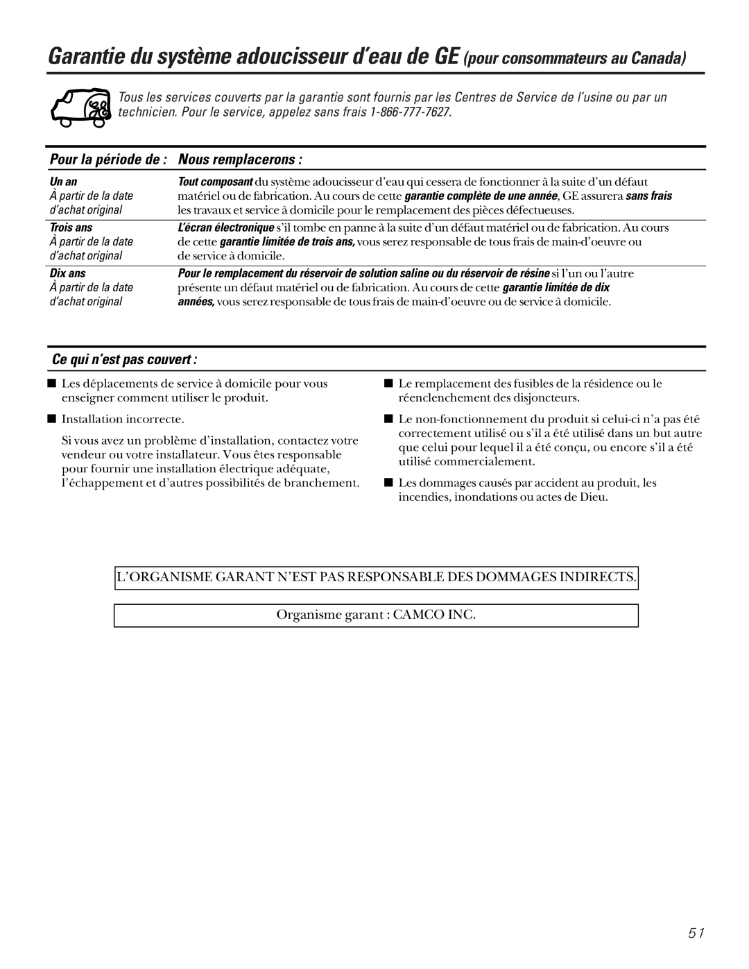 GE GXSF27B GNSF35Z GXSF39B Pour la période de Nous remplacerons, Ce qui n’est pas couvert, Un an, Trois ans 