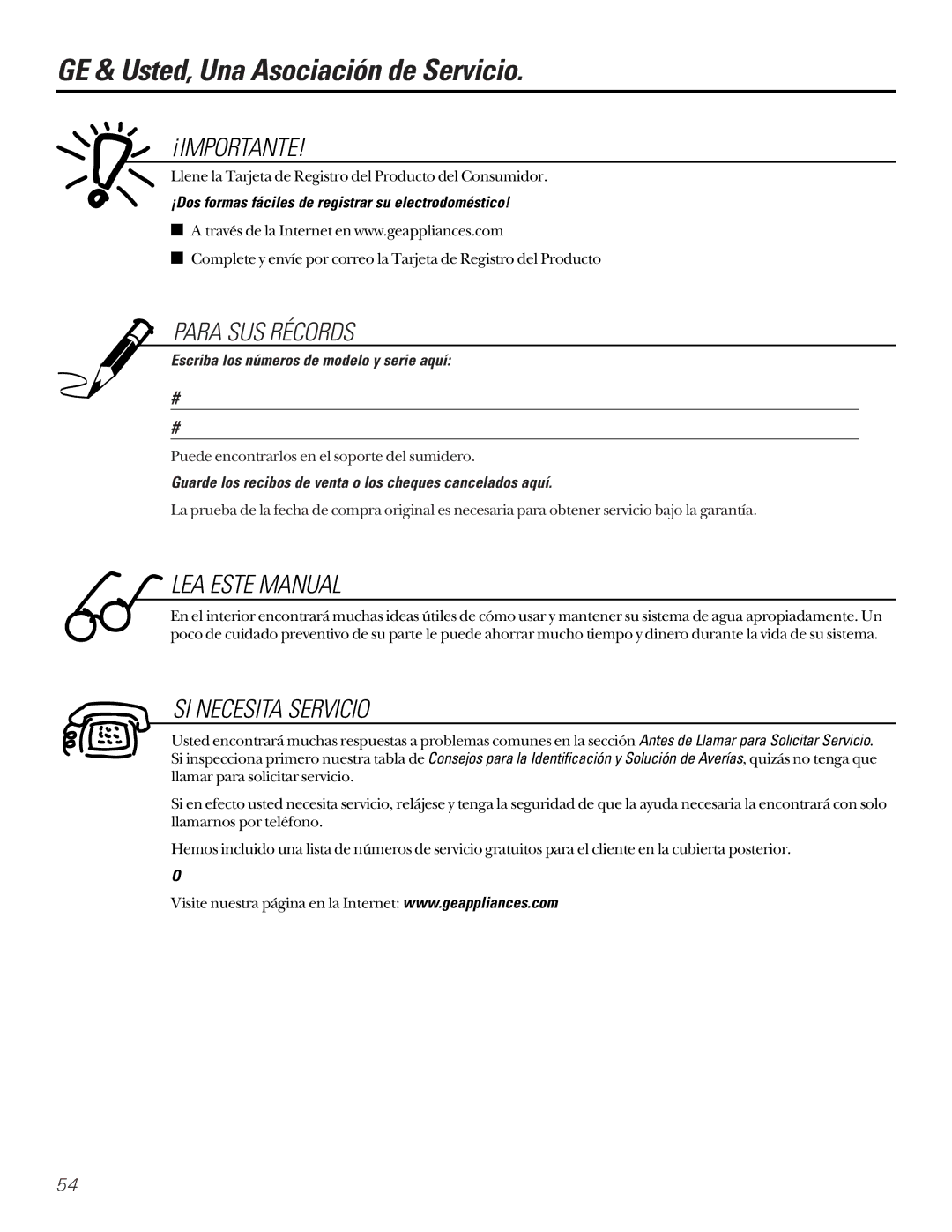 GE GXSF27B GNSF35Z GXSF39B GE & Usted, Una Asociación de Servicio, ¡Dos formas fáciles de registrar su electrodoméstico 