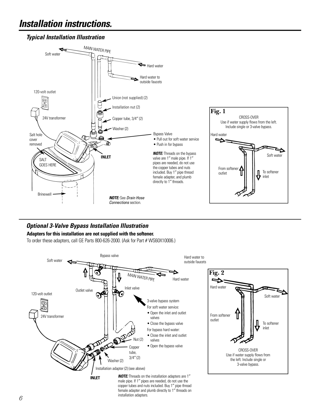 GE GXSF27B GNSF35Z GXSF39B Typical Installation Illustration, Optional 3-Valve Bypass Installation Illustration 