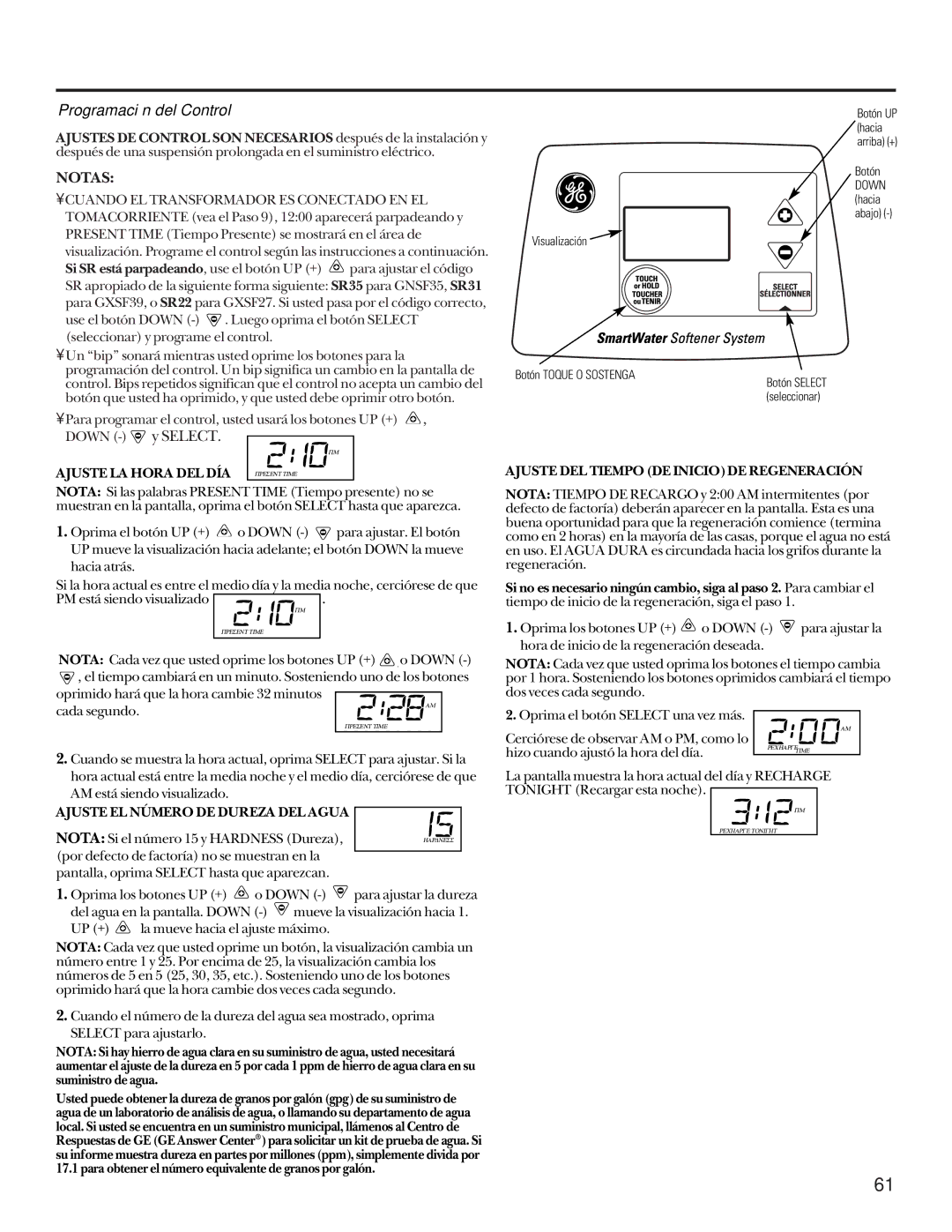 GE GXSF27B GNSF35Z GXSF39B installation instructions Programación del Control, Notas 