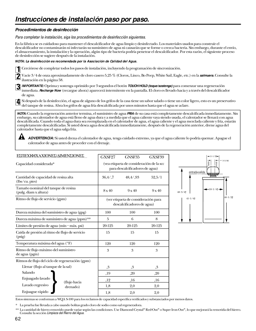 GE GXSF27B GNSF35Z GXSF39B Procedimientos de desinfección, ESPECIFICACIONES/DIMENSIONES GXSF27 GNSF35 GXSF39 