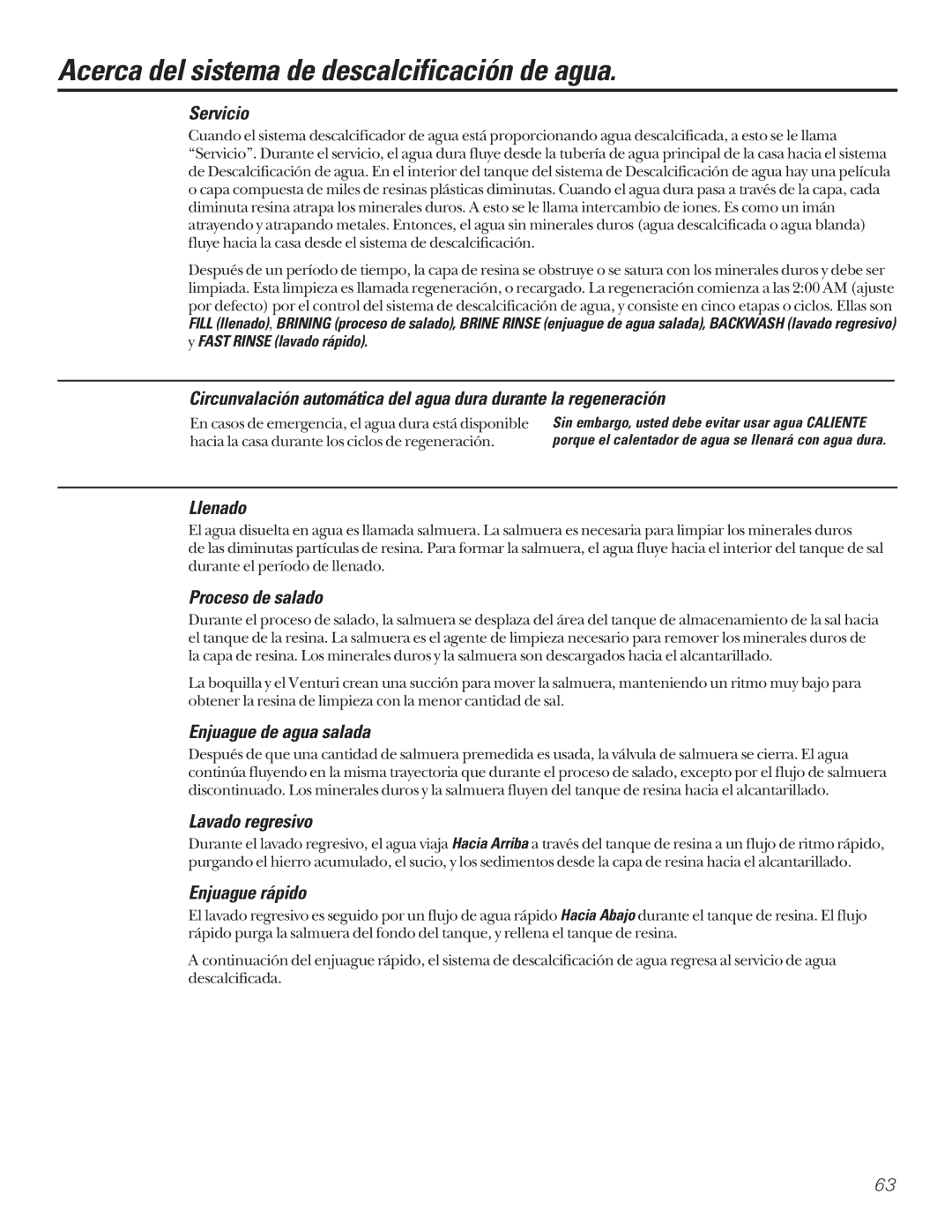 GE GXSF27B GNSF35Z GXSF39B installation instructions Acerca del sistema de descalcificación de agua 