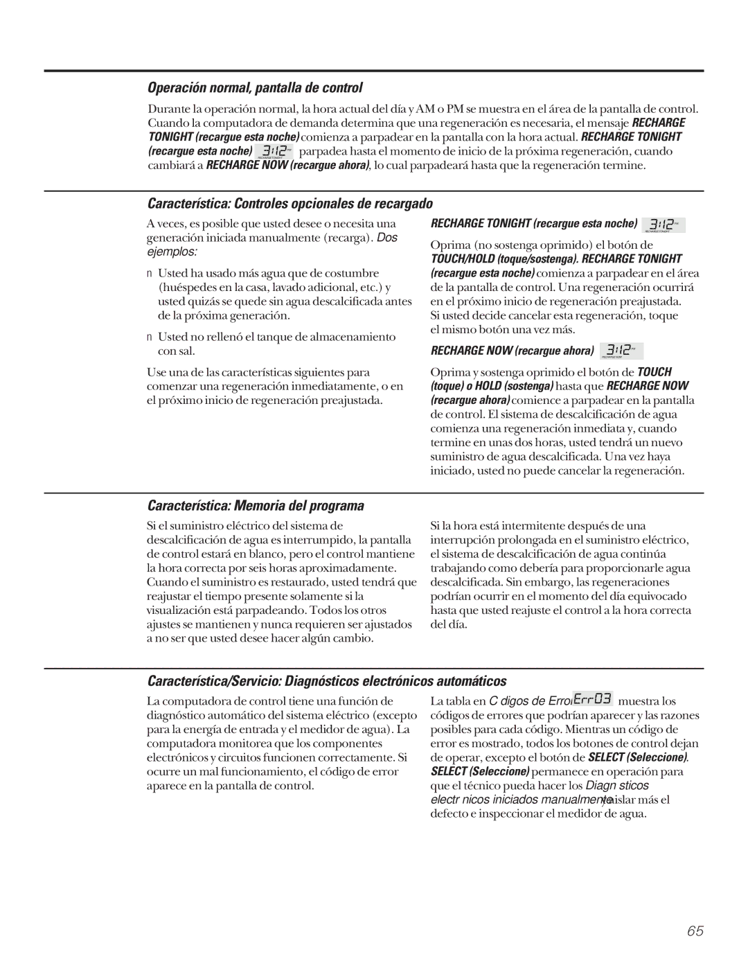GE GXSF27B GNSF35Z GXSF39B Operación normal, pantalla de control, Característica Controles opcionales de recargado 