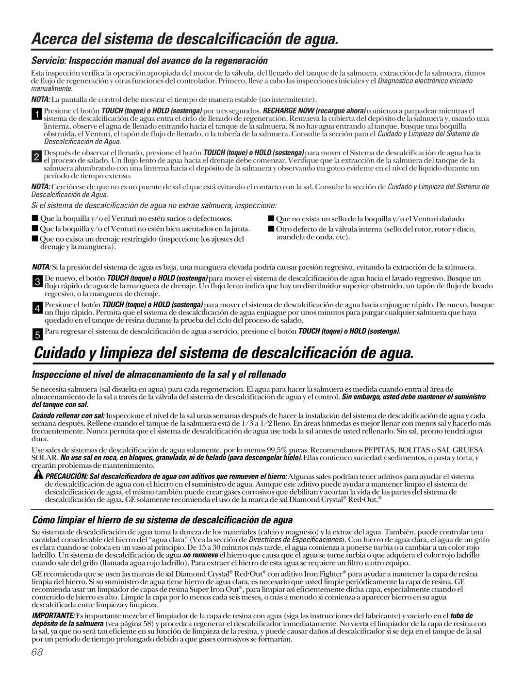 GE GXSF27B GNSF35Z GXSF39B installation instructions Cuidado y limpieza del sistema de descalcificación de agua 