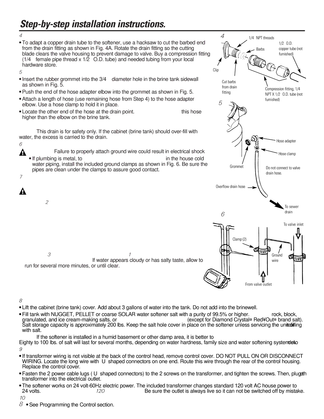 GE GXSF27B GNSF35Z GXSF39B 4A. Connecting a Rigid Valve Drain Tube, Install the Brine Tank Overflow Fittings and Hose 