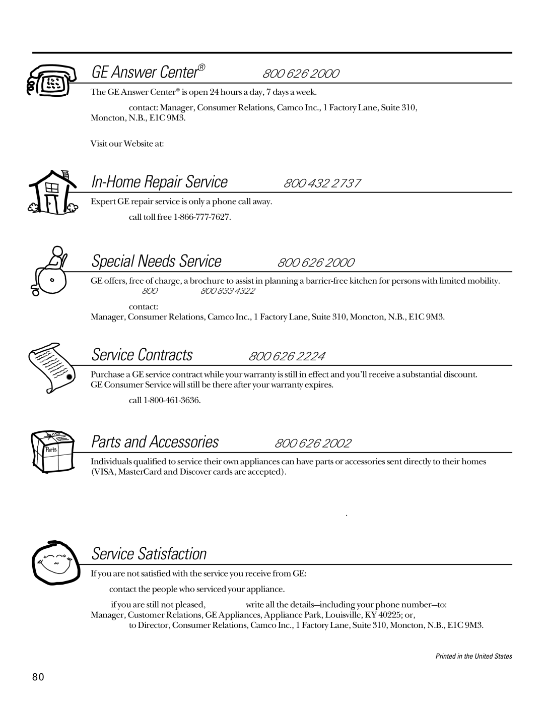 GE GXSF27B GNSF35Z GXSF39B installation instructions Service Telephone Numbers, U.S., call 800-TDD-GEAC Canada, contact 