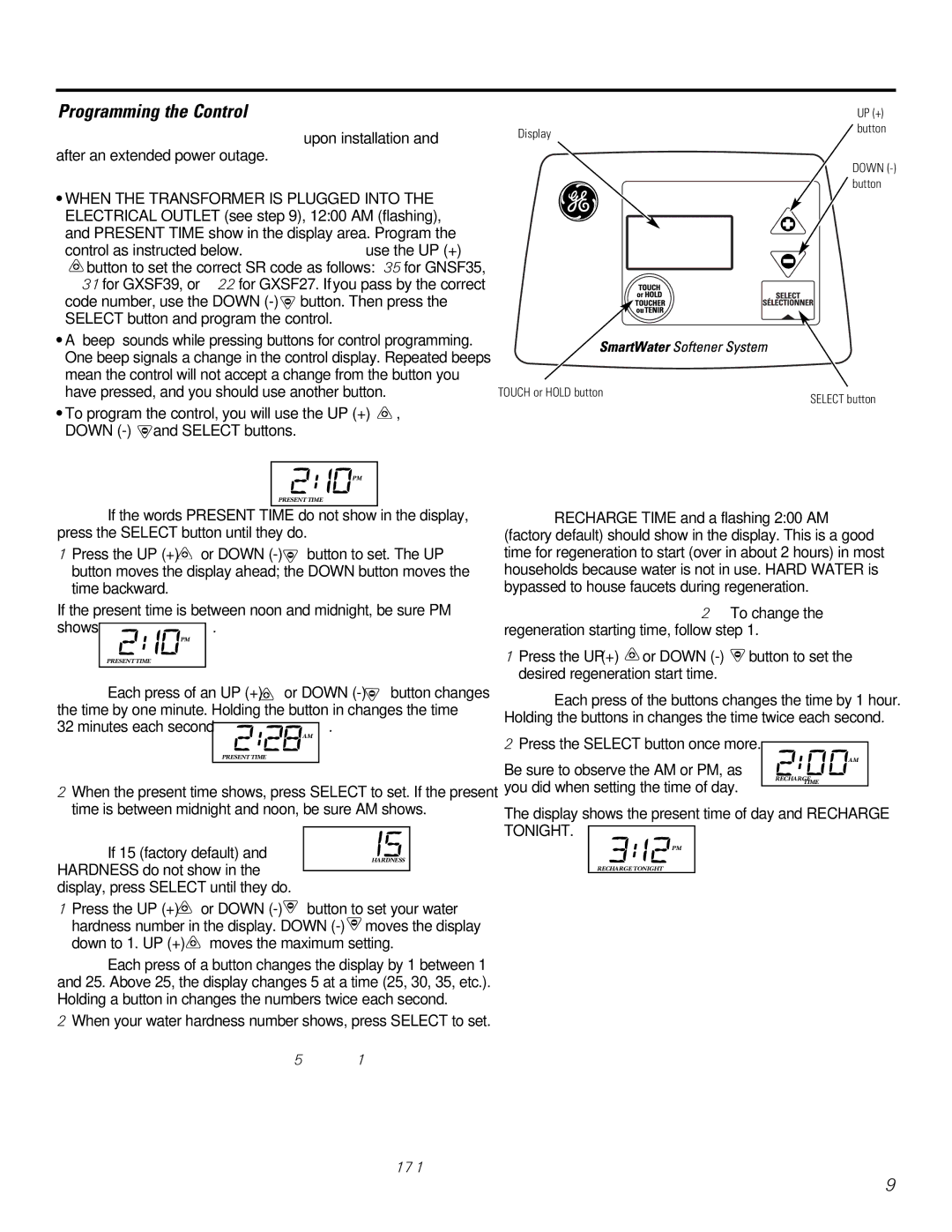 GE GXSF27B GNSF35Z GXSF39B Programming the Control, SET Present Time of DAY Present Time, SET Water Hardness Number 