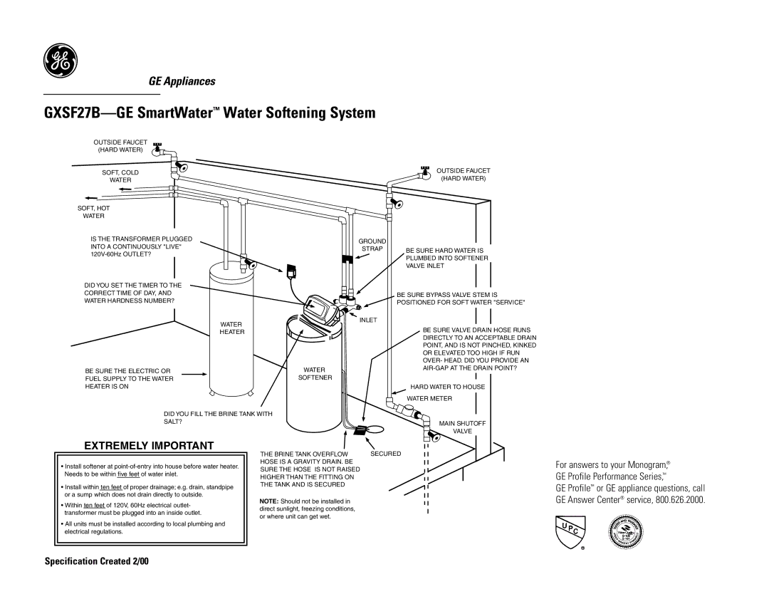 GE GXSF27B warranty Extremely Important 