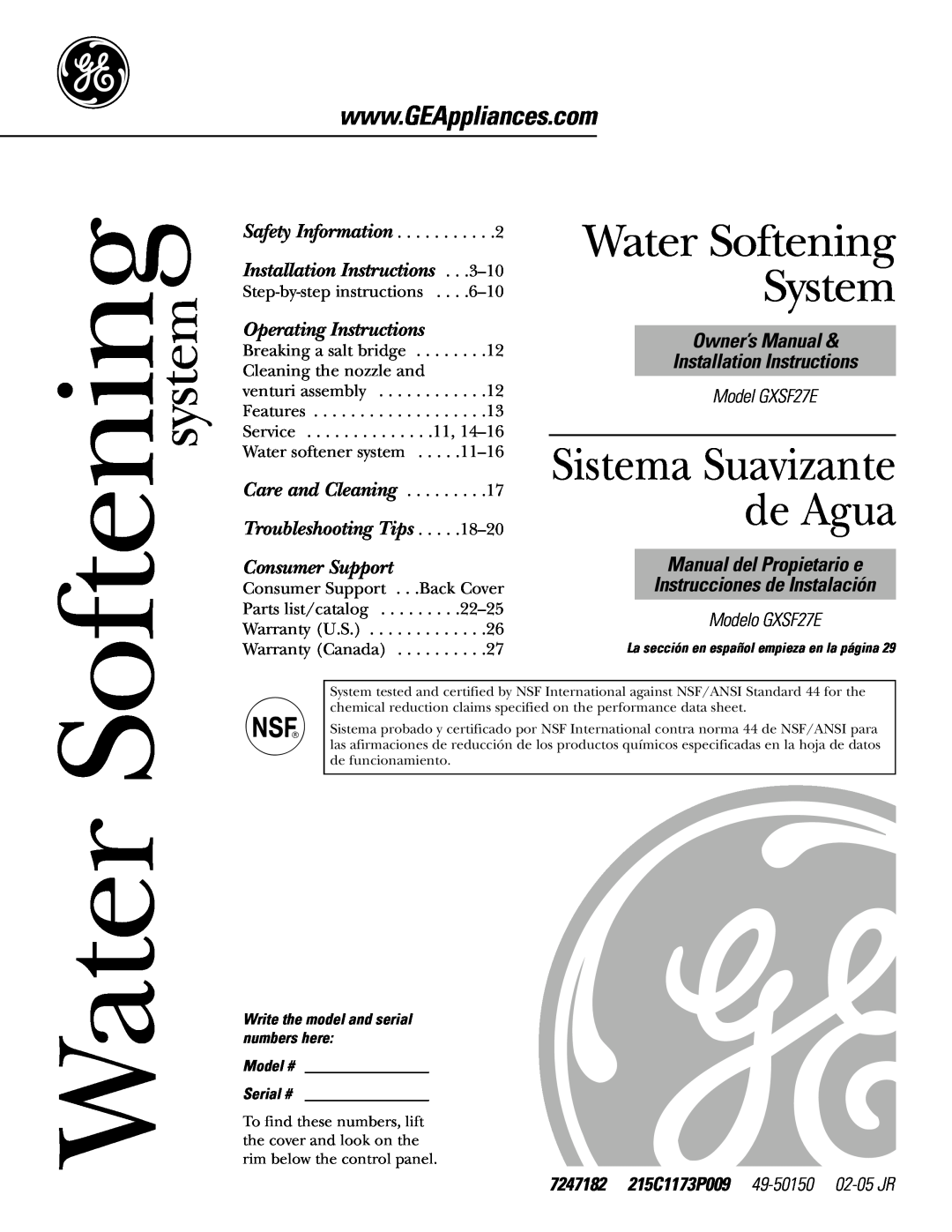 GE GXSF27E manual Water Softening System, Sistema Suavizante de Agua, Softening system, Operating Instructions 