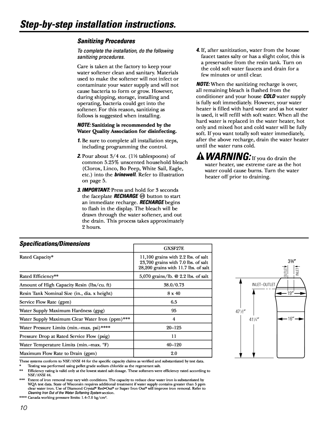 GE GXSF27E manual Step-by-stepinstallation instructions, Sanitizing Procedures, Specifications/Dimensions 
