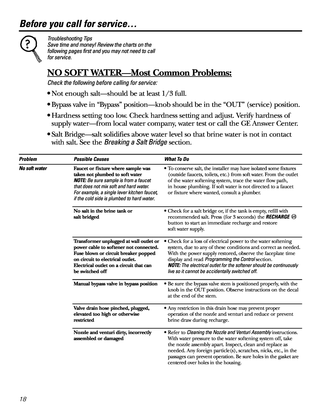 GE GXSF27E manual Before you call for service…, NO SOFT WATER-MostCommon Problems 