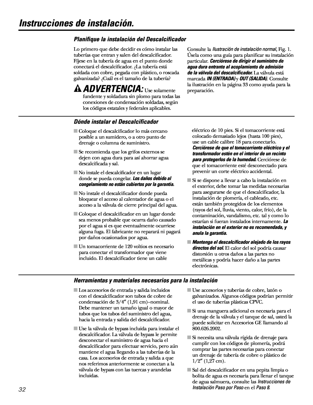 GE GXSF27E manual ADVERTENCIA Use solamente, Instrucciones de instalación, Planifique la instalación del Descalcificador 