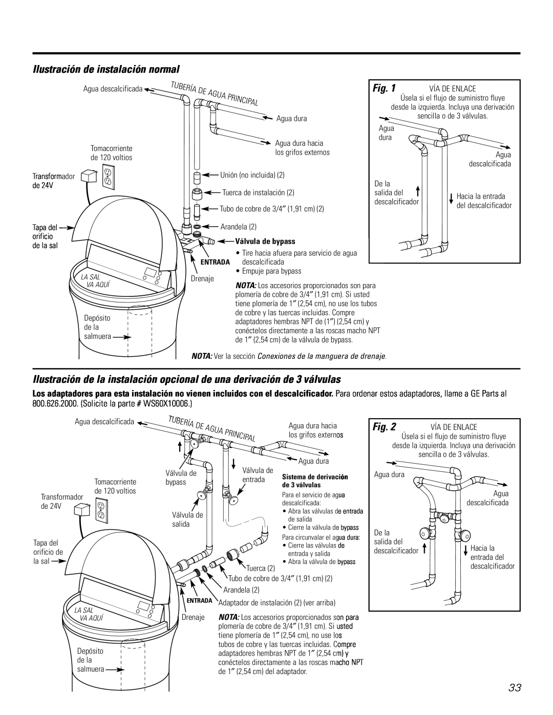 GE GXSF27E manual Ilustración de instalación normal, Agua, Principal, Válvula de bypass 