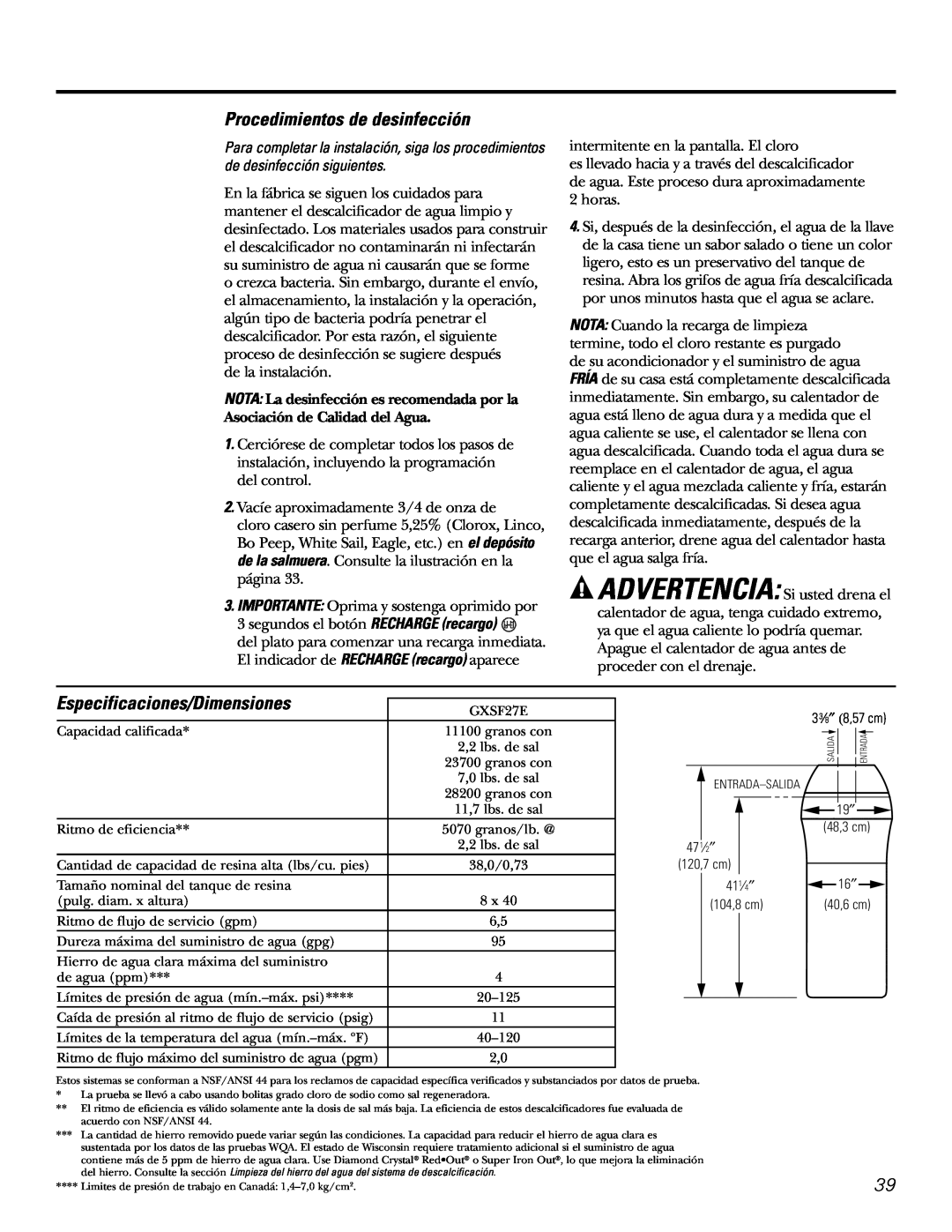 GE GXSF27E manual Procedimientos de desinfección, Especificaciones/Dimensiones 