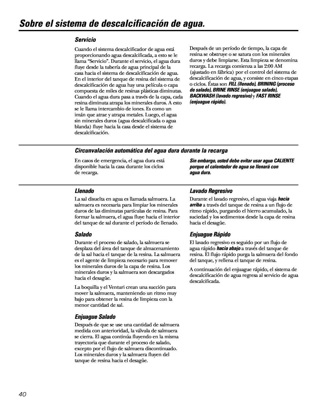 GE GXSF27E manual Sobre el sistema de descalcificación de agua, Servicio, Llenado, Lavado Regresivo, Enjuague Salado 