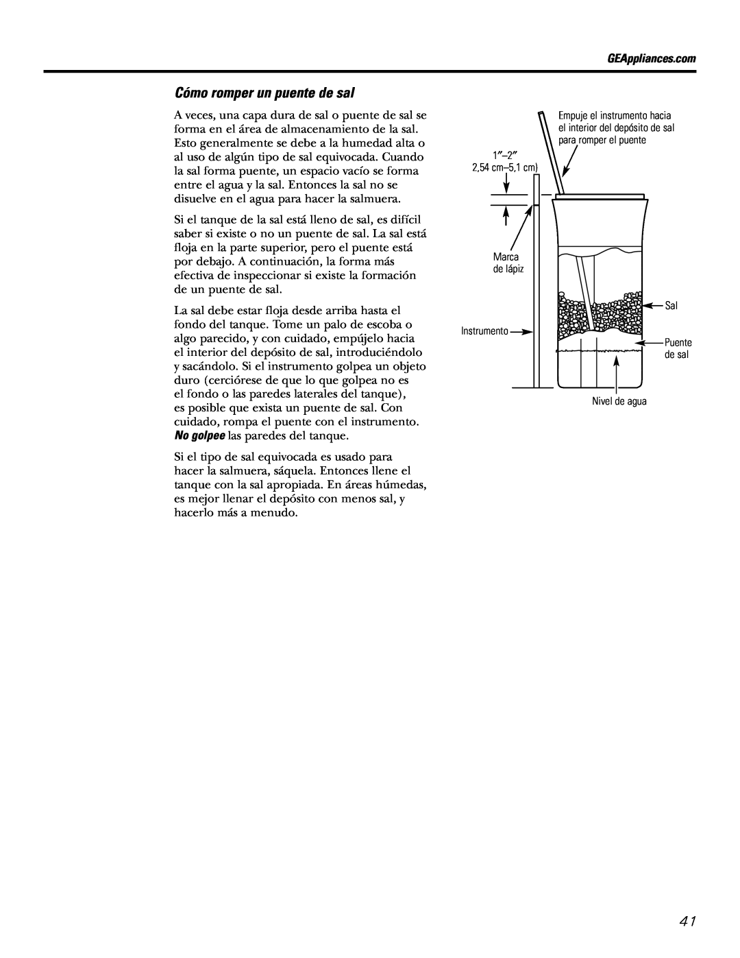 GE GXSF27E manual Cómo romper un puente de sal, 1″-2″ 2,54 cm-5,1cm, Sal Instrumento, Nivel de agua 