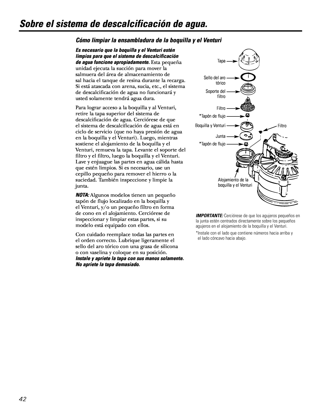 GE GXSF27E Sobre el sistema de descalcificación de agua, Tapa Sello del aro tórico Soporte del filtro, Boquilla y Venturi 