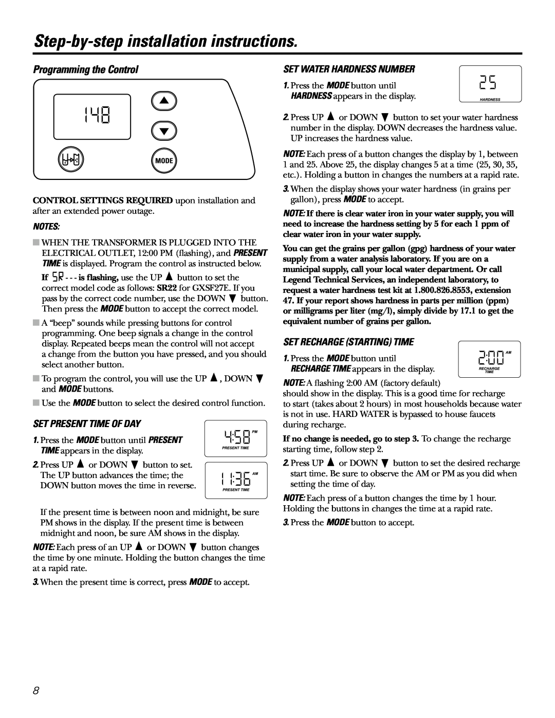 GE GXSF27E manual Step-by-stepinstallation instructions, Programming the Control, Set Present Time Of Day 