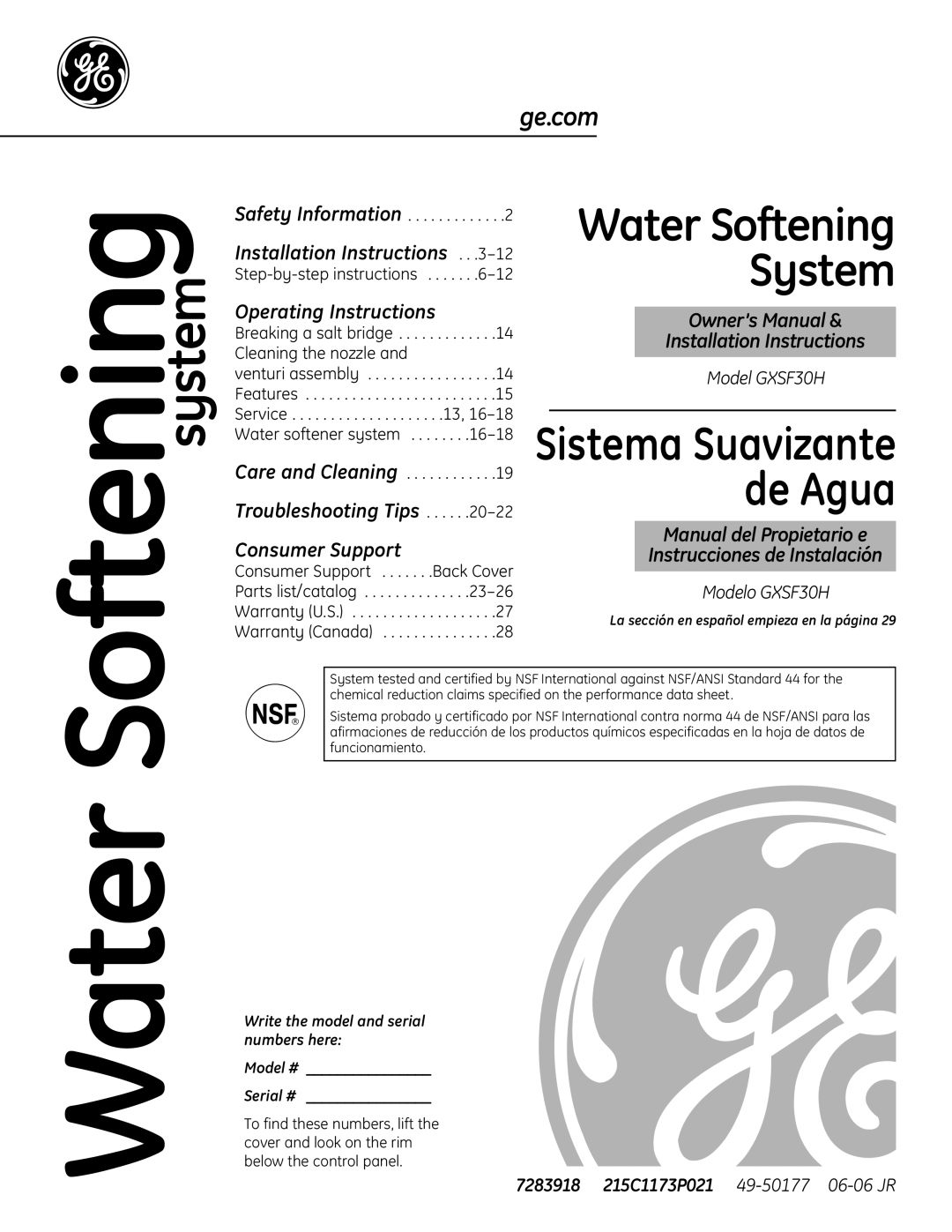 GE GXSF30H installation instructions 7283918 215C1173P021 49-5017706-06 JR, Safety Information, Care and Cleaning 