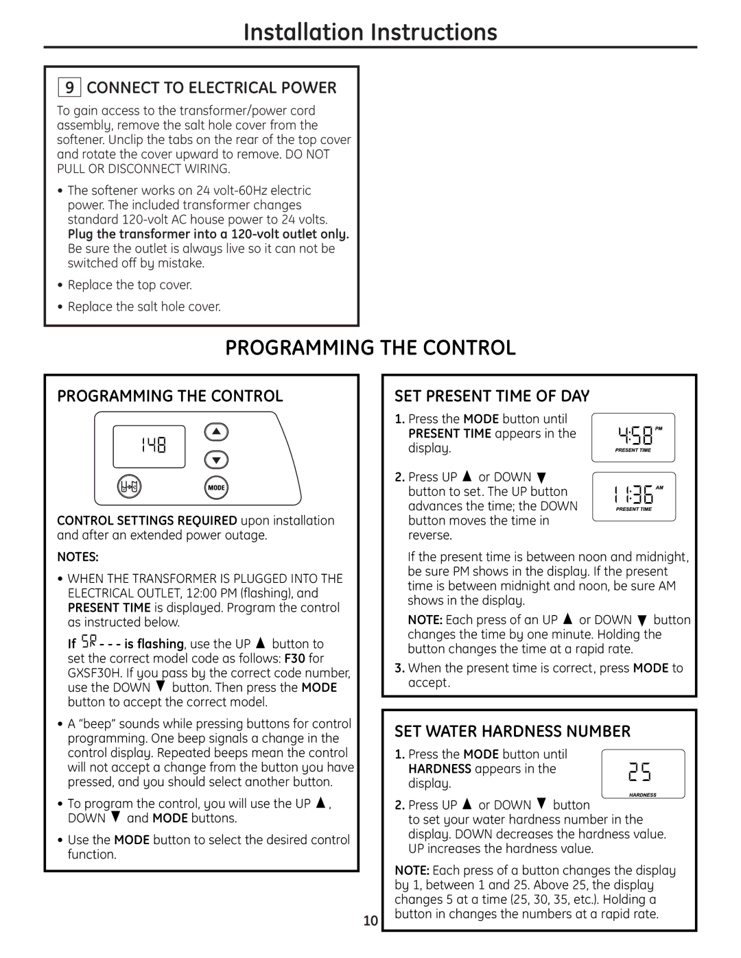 GE GXSF30H Connect to Electrical Power, Programming the Control, SET Present Time of DAY, SET Water Hardness Number 