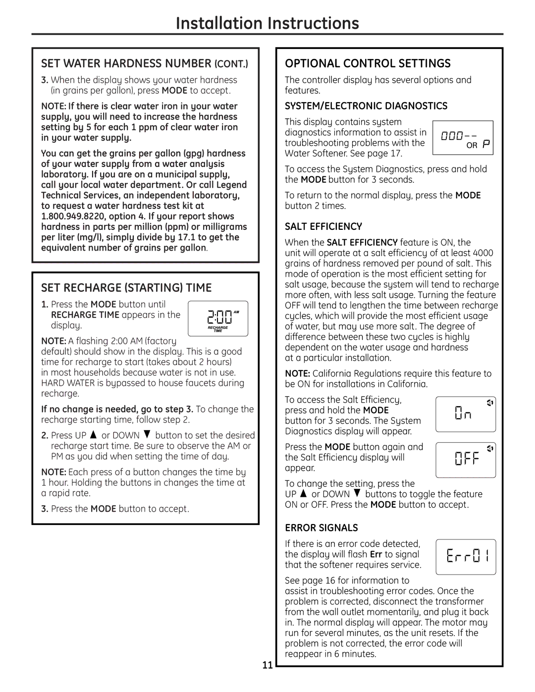 GE GXSF30H SET Recharge Starting Time, Optional Control Settings, SYSTEM/ELECTRONIC Diagnostics, Salt Efficiency 