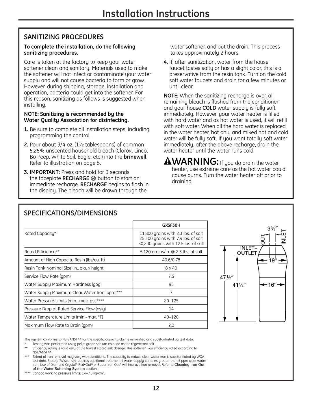 GE GXSF30H installation instructions Sanitizing Procedures, Specifications/Dimensions, 19″ 471⁄2″ 411⁄4″ 16″ 