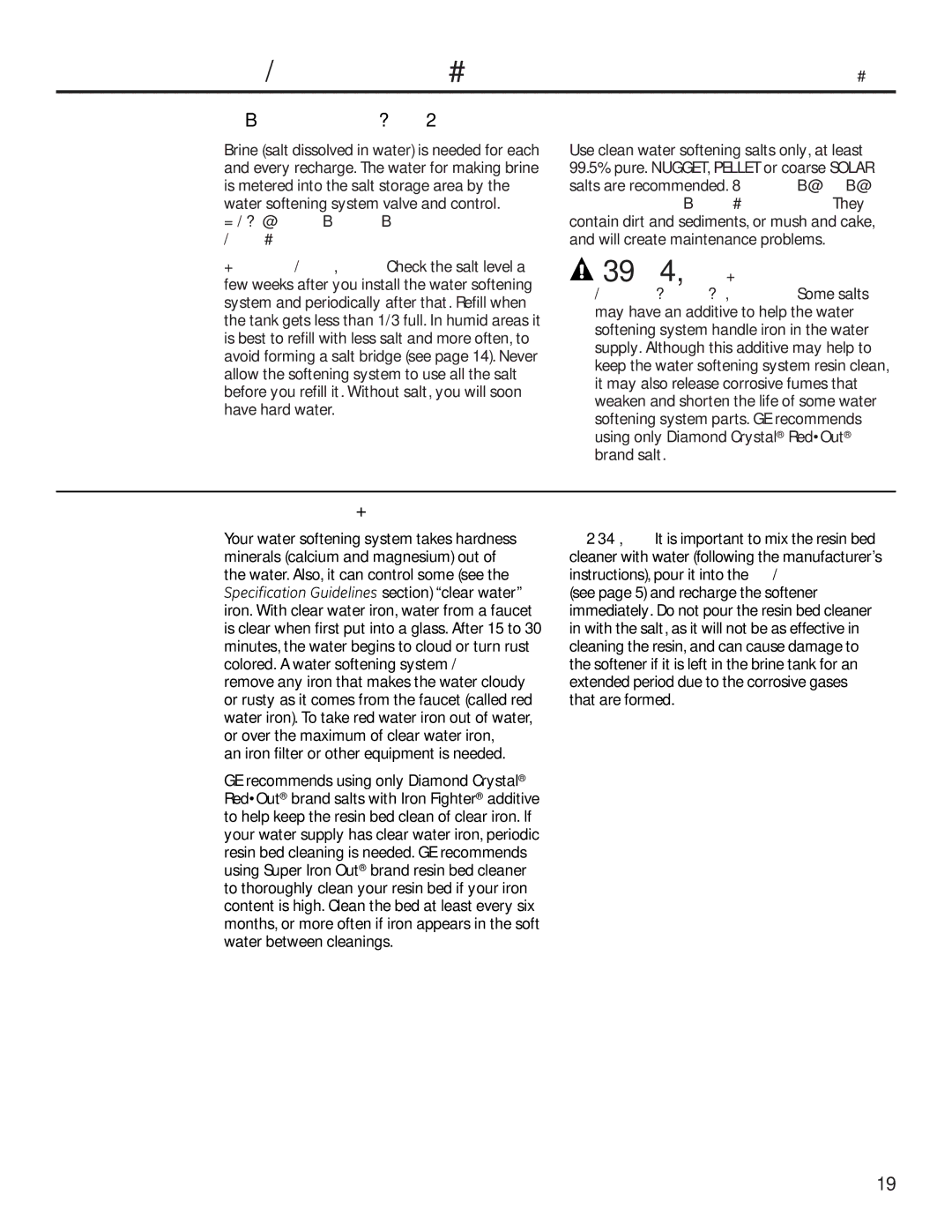 GE GXSF30H Care and cleaning of the water softening system, Checking the Salt Storage Level and Refilling 