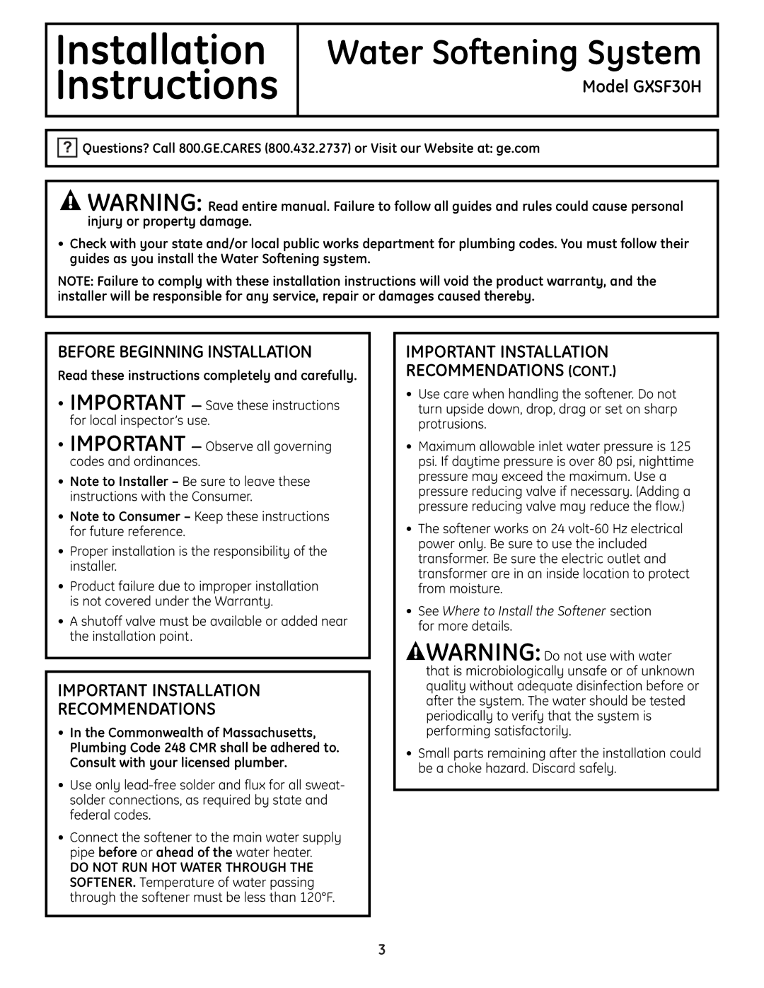 GE GXSF30H installation instructions Before Beginning Installation, Important Installation Recommendations 