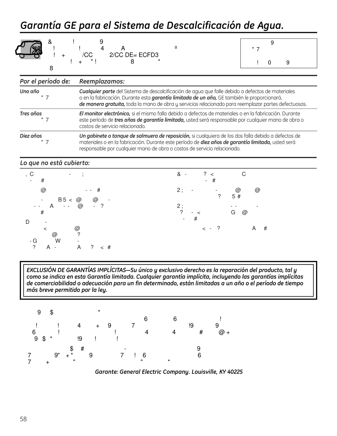 GE GXSF30H Garantía GE para el Sistema de Descalcificación de Agua, Por el período de Reemplazamos 