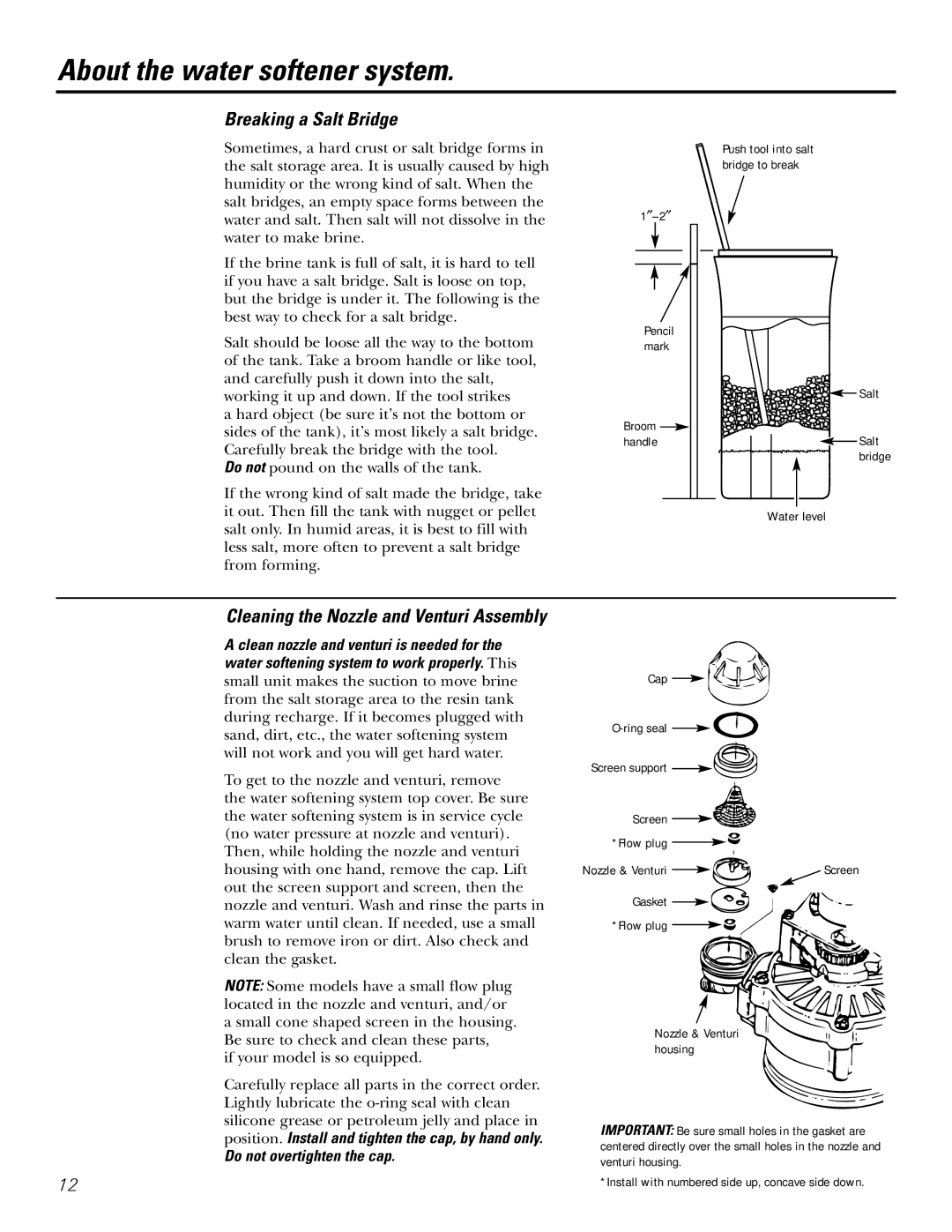 GE GXSF31E Breaking a Salt Bridge, Cleaning the Nozzle and Venturi Assembly, Do not overtighten the cap 