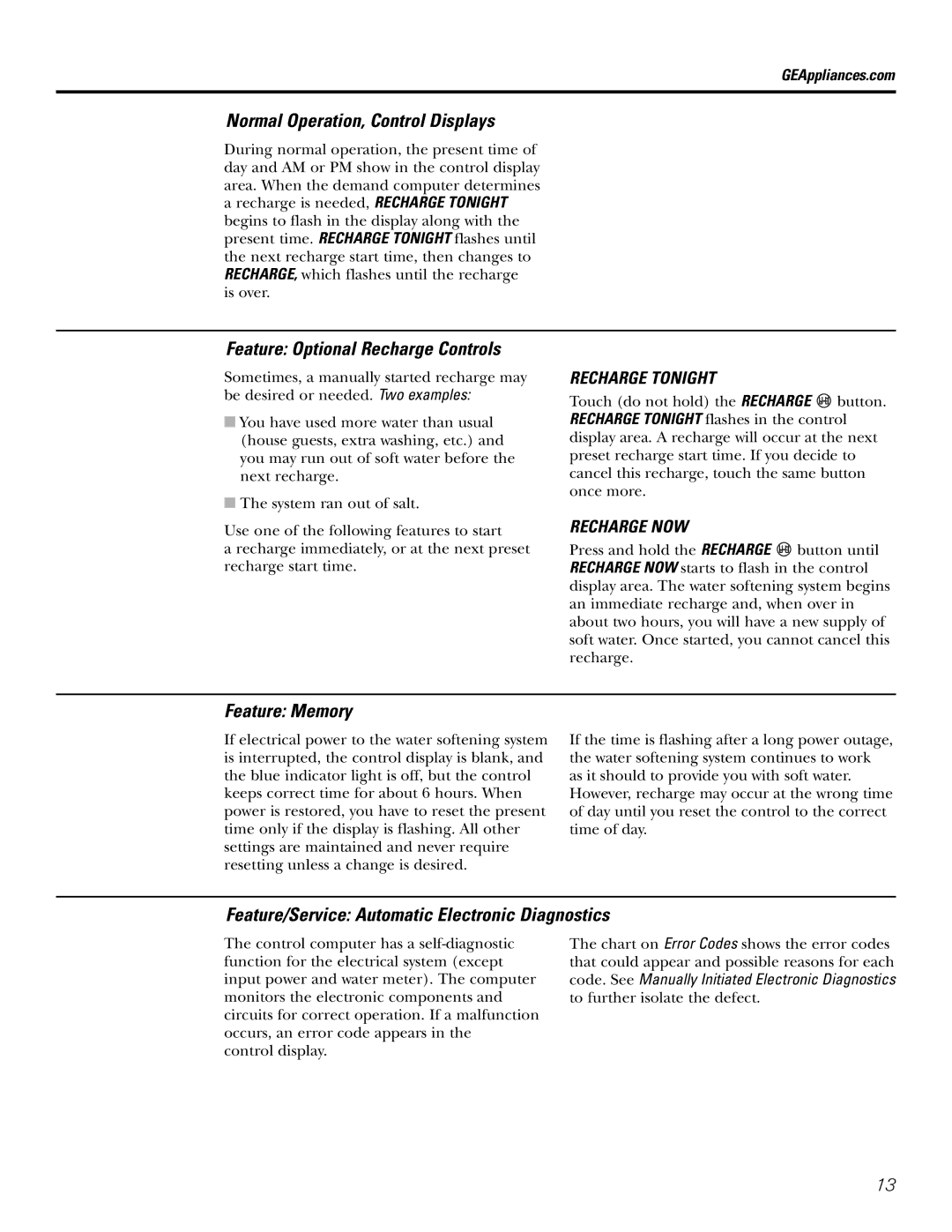 GE GXSF31E installation instructions Normal Operation, Control Displays, Feature Optional Recharge Controls, Feature Memory 