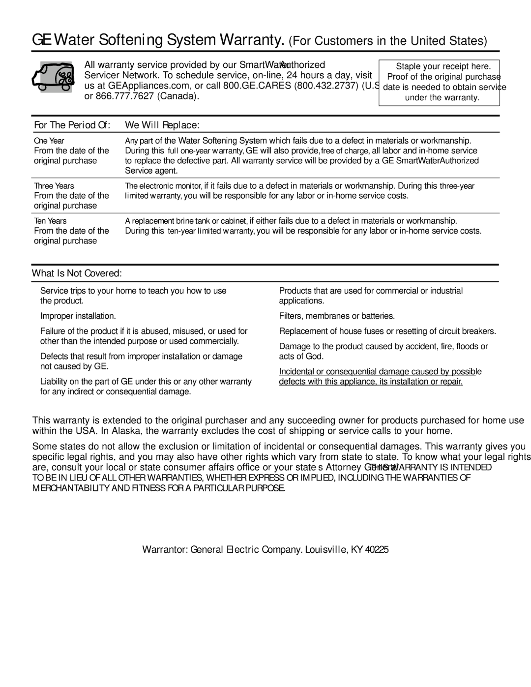 GE GXSF31E For The Period Of We Will Replace, What Is Not Covered, Warrantor General Electric Company. Louisville, KY 