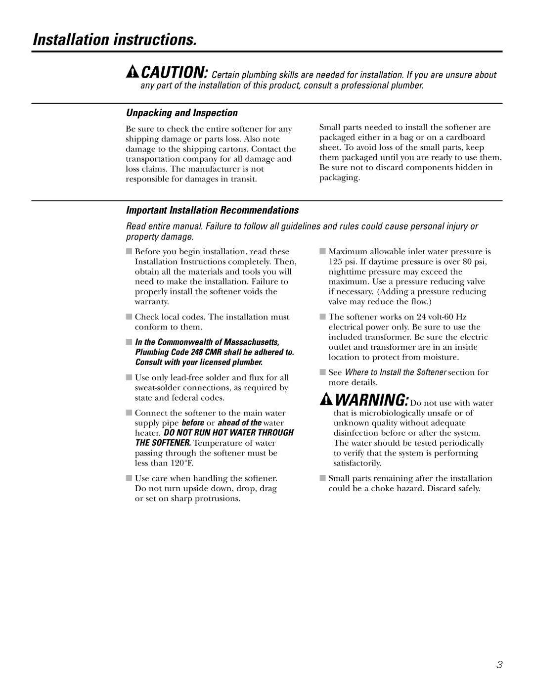 GE GXSF31E Installation instructions, Unpacking and Inspection, Important Installation Recommendations 