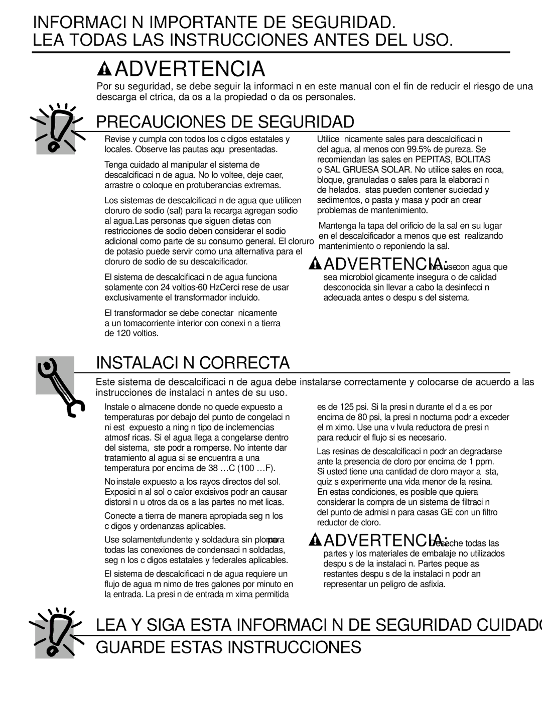 GE GXSF31E installation instructions Advertencia No use con agua que 