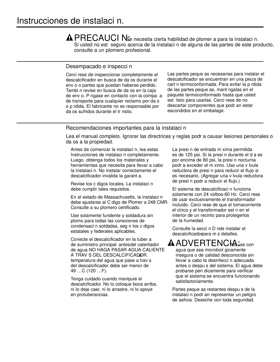 GE GXSF31E installation instructions Instrucciones de instalación, Advertencia No use con, Desempacado e inspección 